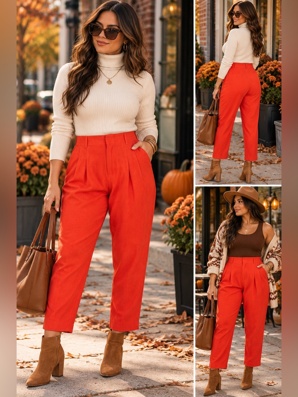 Red Orange High Rise Linen Tapered Ankle Pants
